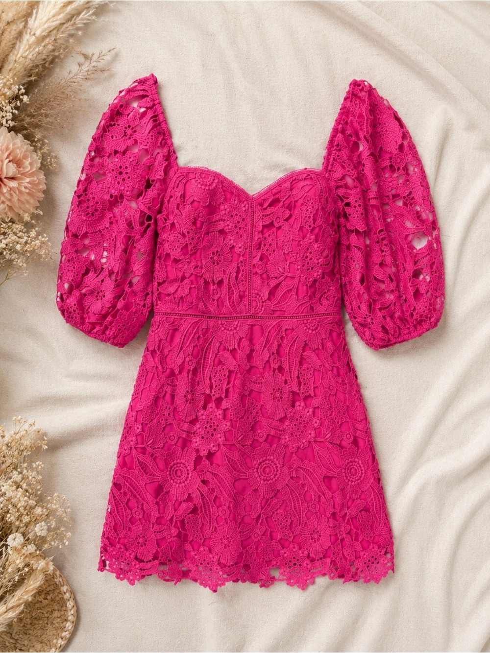 Lucy Paris Fuchsia Lace Mini Dress Puff Sleeve Sweetheart Neck Party  | Medium